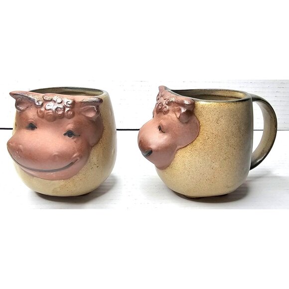 VTG UCTCI Japan Stoneware Pottery Mugs With 3D Cow Set Of 2 Anthropomorphic - Picture 1 of 11